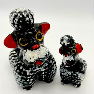 Vintage French Poodle Figurines Japan Porcelain Redware 1950s Black White Red